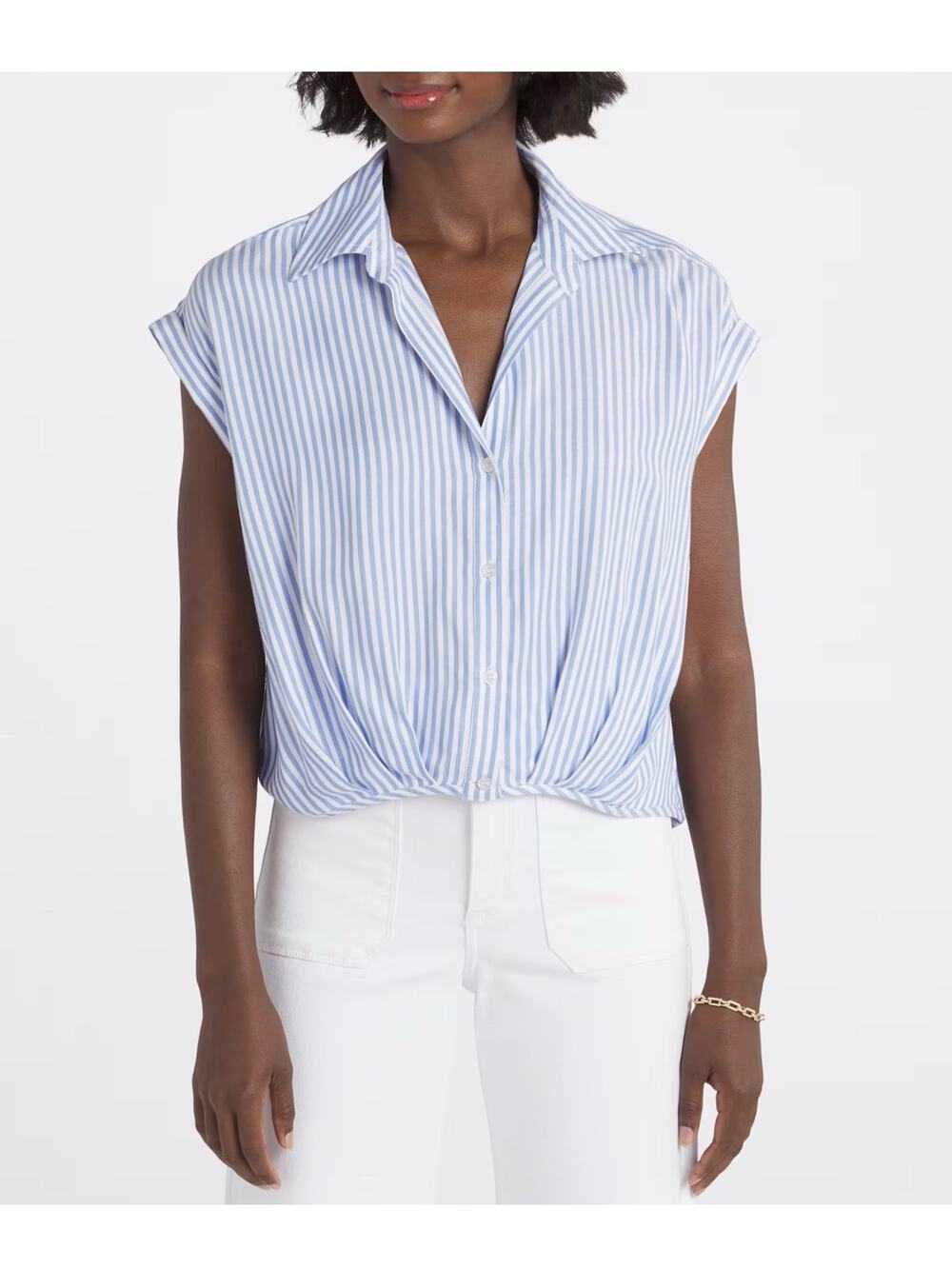 KUT FROM THE KLOTH Gaia Pleated Top Size XL Striped V-Neck Cropped Viscose